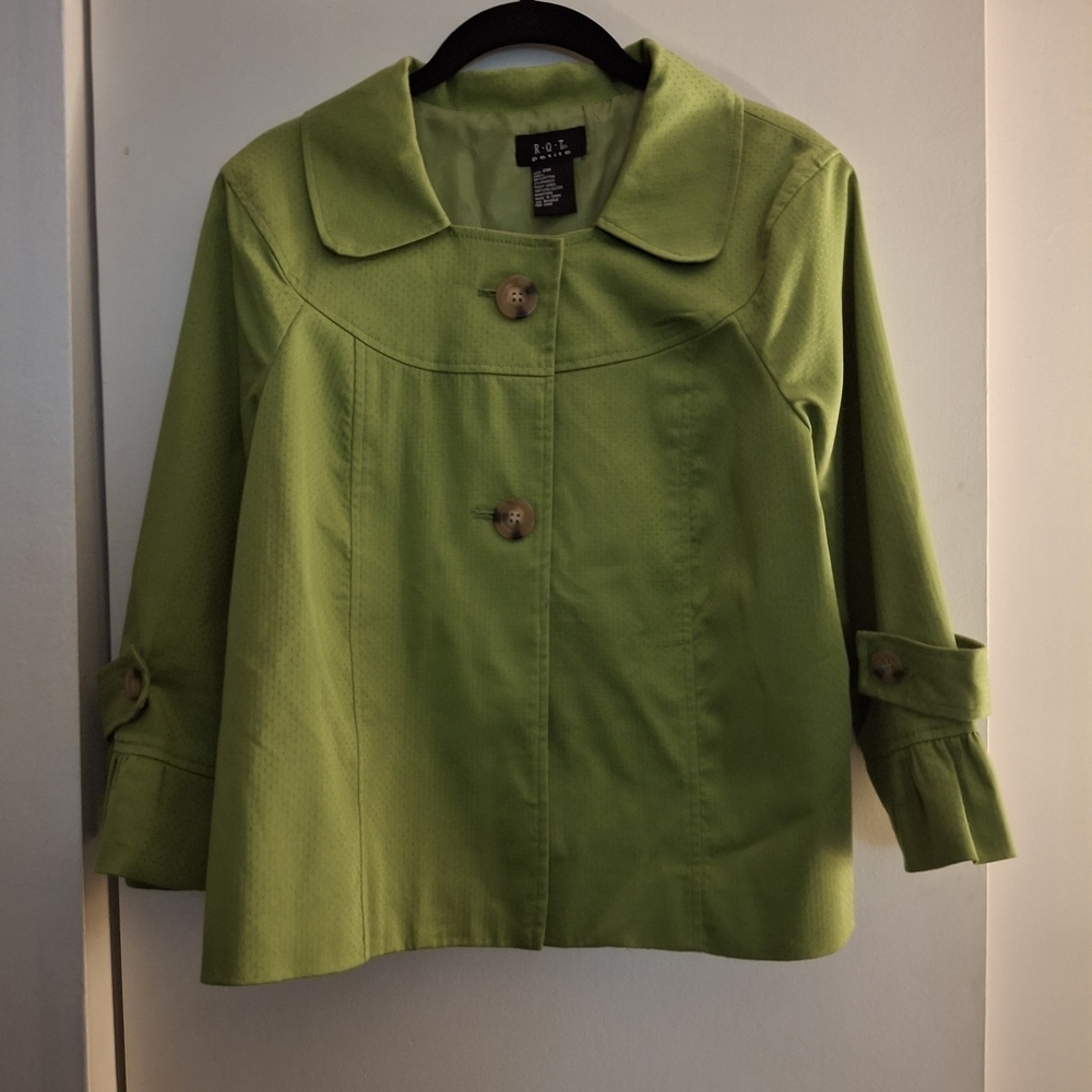 R.Q.T. Women's Olive Green Jacket with Classic Collar and Structured Design